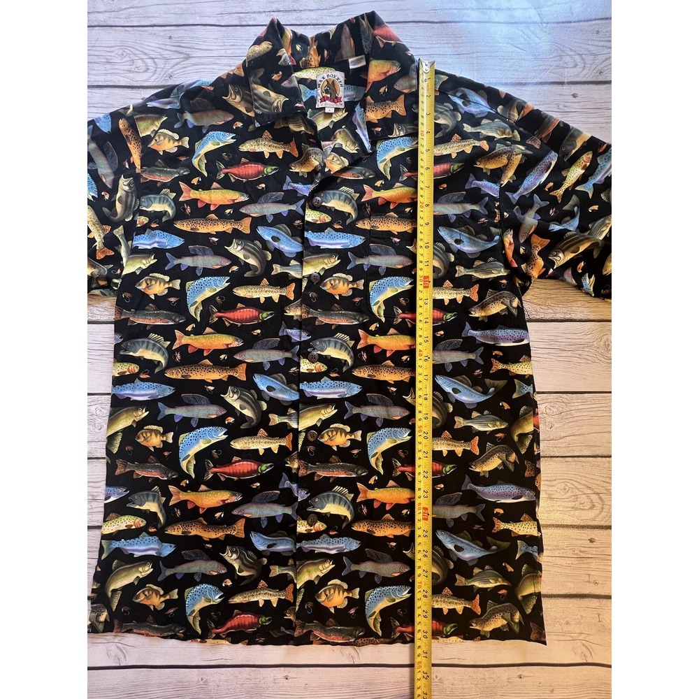 Max Boxxer Button Shirt Mens L Large Fishing All Over Fish Print Black Contrast - Picture 4 of 6